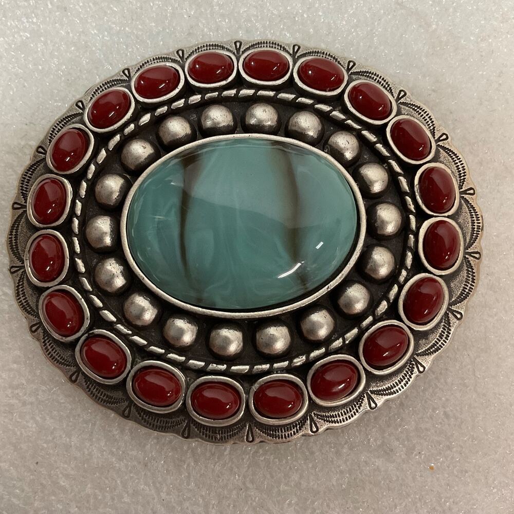 Vtg 3.5in Oval Concho Belt Adornment Silver Tone Red & Turquoise Glass Cabochon